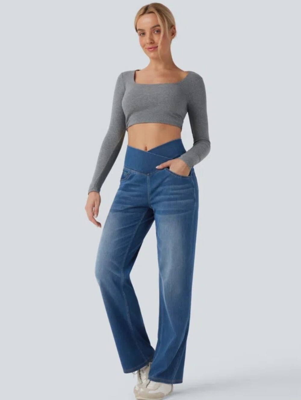 Halara Flex Crossover High Waisted Tummy Control Denim Size XL Petite Med Blue